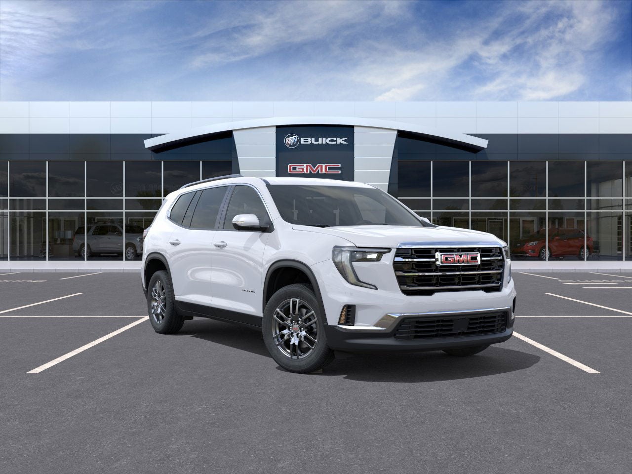 2026 GMC Acadia Elevation in Summit White — front three-quarter view